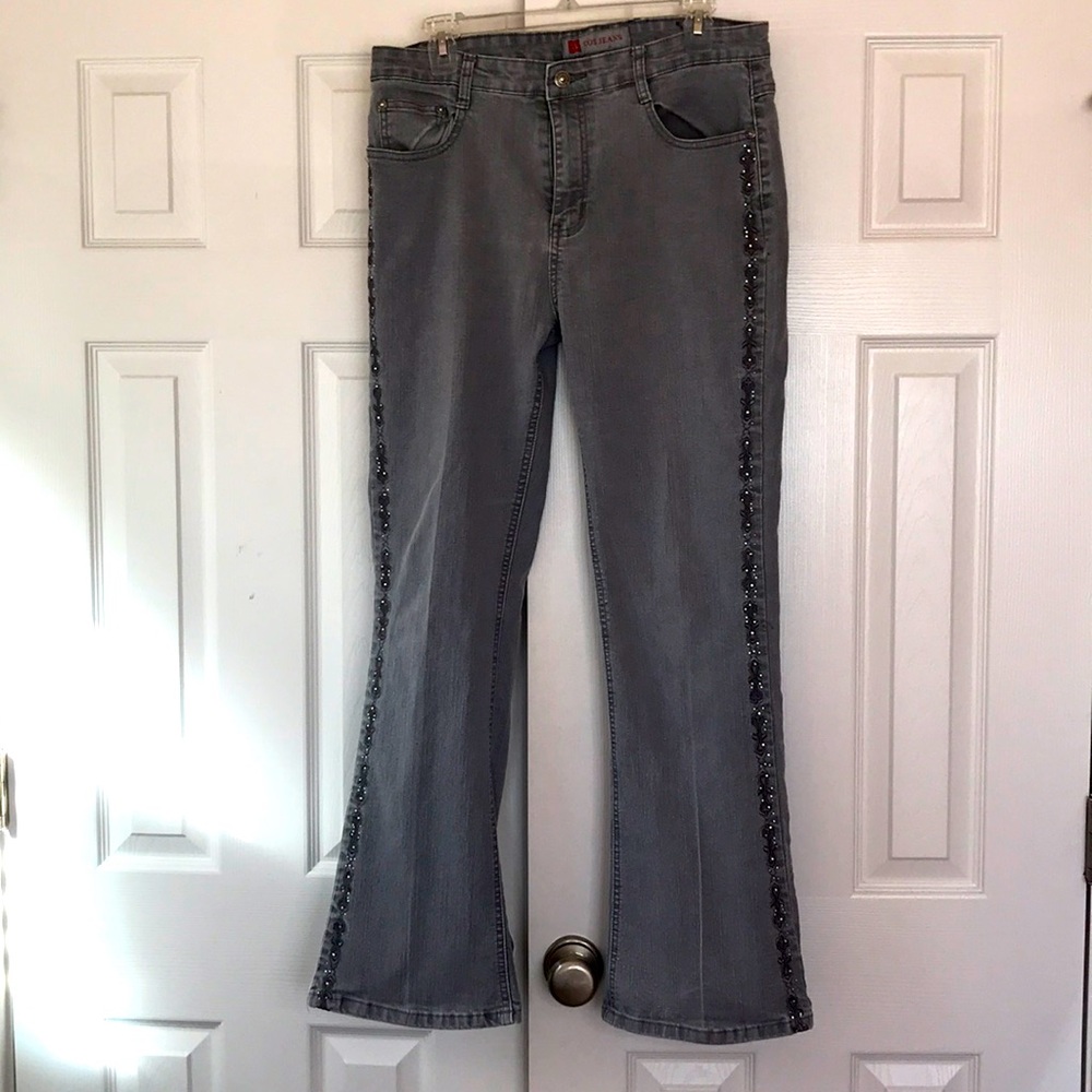 Ladies grey denim jeans embroidered rhinestones